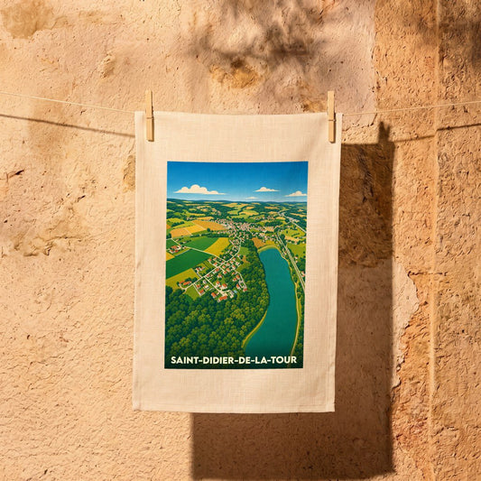 Torchon souvenir de Saint-Didier-de-la-Tour illustrant une vue aérienne stylisée de la ville et de ses paysages verdoyants.
