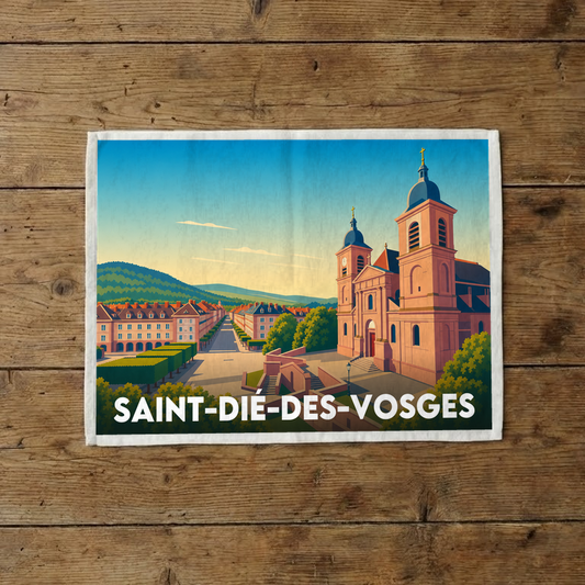 Torchon souvenir de la ville de Saint-Dié-des-Vosges avec une illustration stylisée de son architecture.