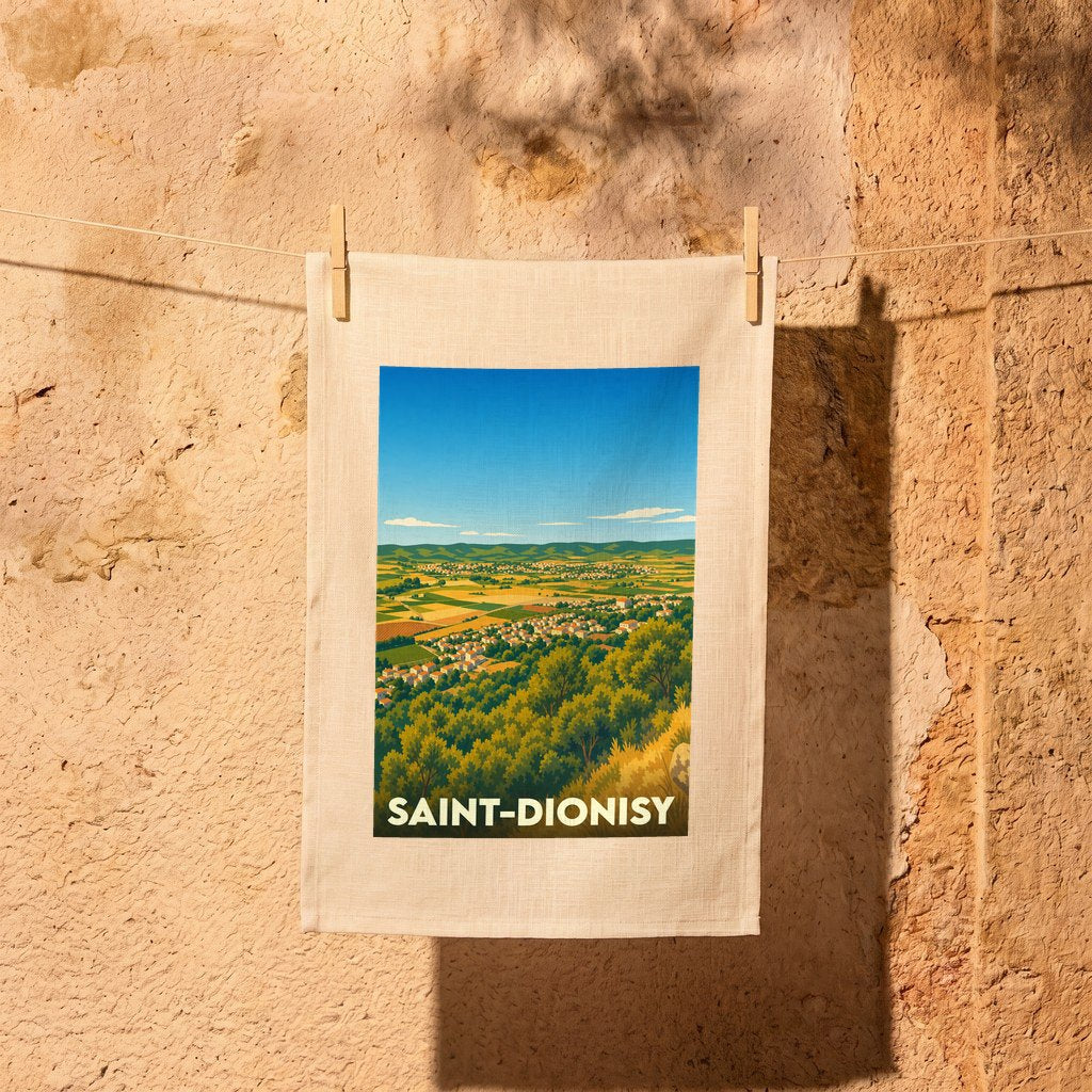 Torchon souvenir de la ville de Saint-Dionisy avec une illustration de paysage vallonné.