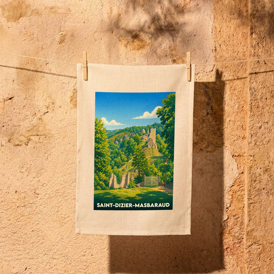 Torchon souvenir de la ville de Saint-Dizier-Masbaraud avec une illustration stylisée de ruines médiévales.