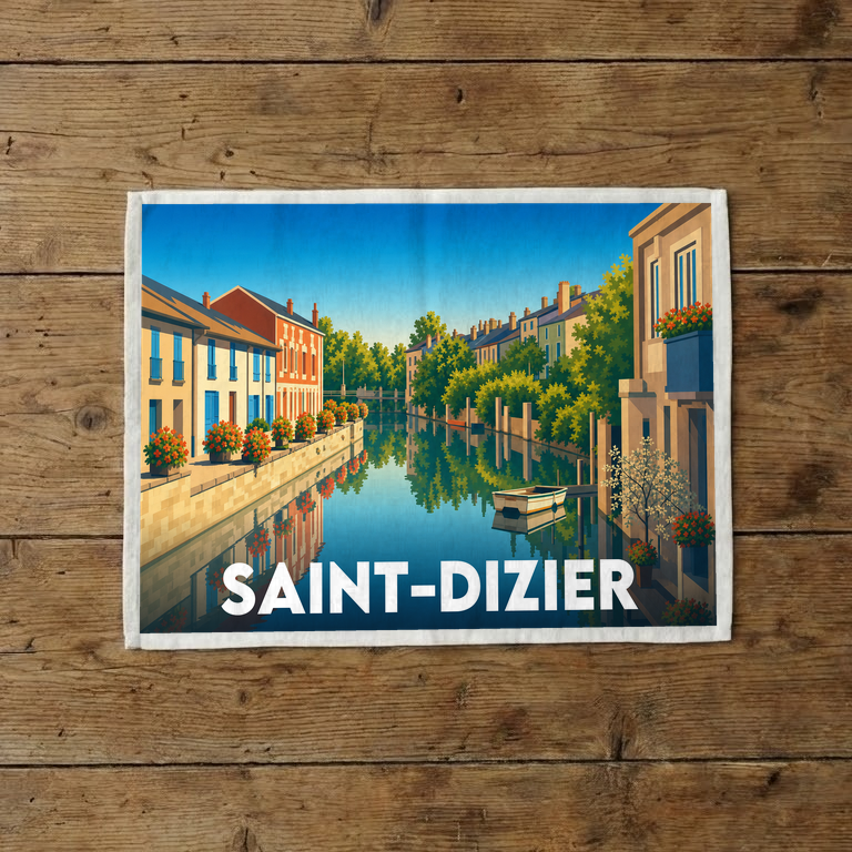 Torchon souvenir de la ville de Saint-Dizier avec une illustration stylisée d'un canal bordé de maisons.