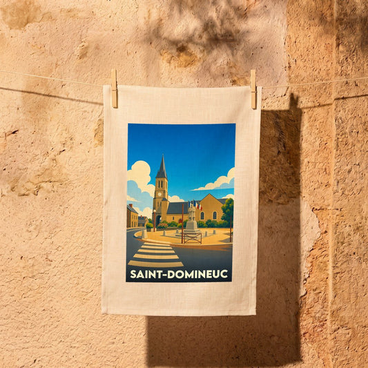 Torchon souvenir de la ville de Saint-Domineuc avec une illustration stylisée de son église et de sa place.