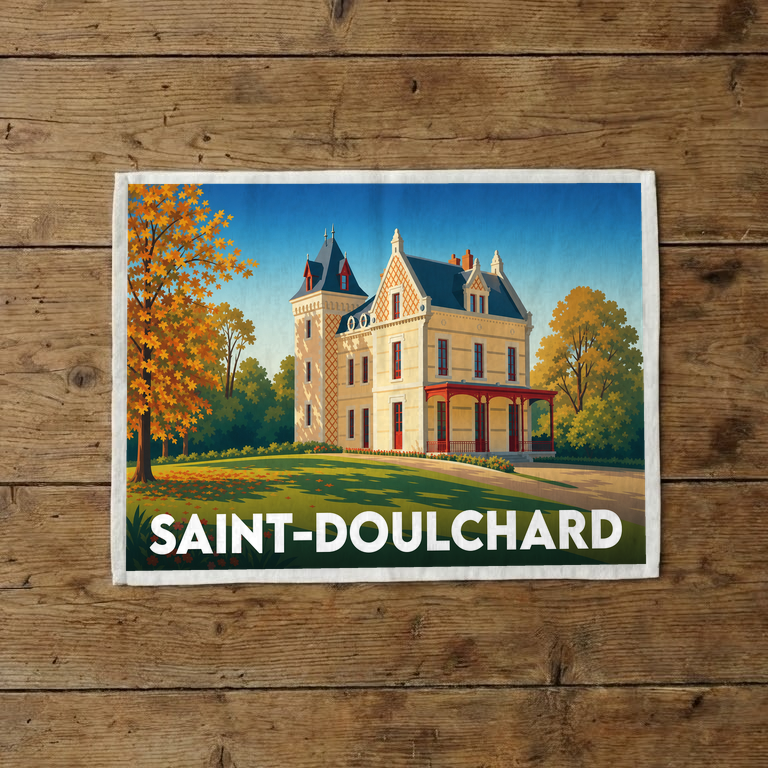 Torchon souvenir de la ville de Saint-Doulchard illustré d'un manoir entouré de couleurs automnales.