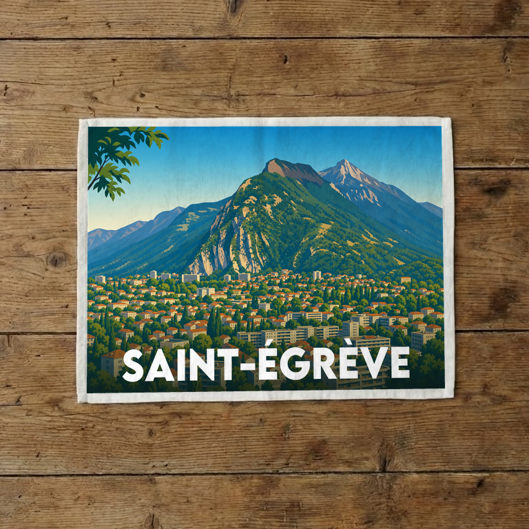 Torchon souvenir de la ville de Saint-Égrève avec une illustration stylisée de ses montagnes.