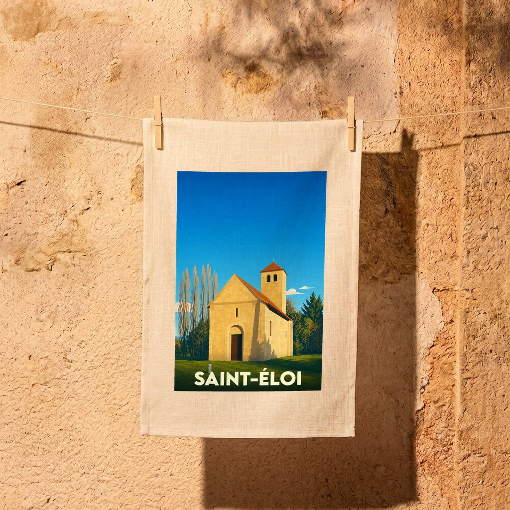 Torchon souvenir de la ville de Saint-Éloi avec une illustration stylisée de son église.