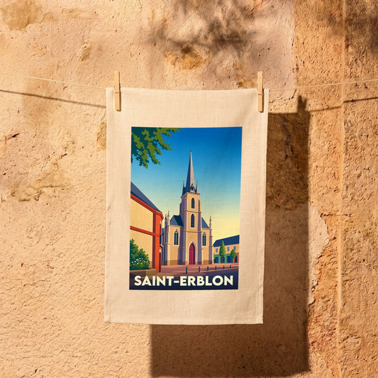Torchon souvenir de la ville de Saint-Erblon illustré d'un dessin stylisé de son église.