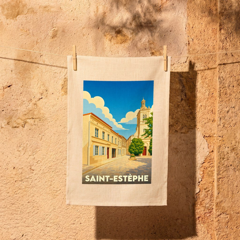 Torchon souvenir de la ville de Saint-Estèphe orné d'une illustration stylisée d'une rue ensoleillée menant à l'église.