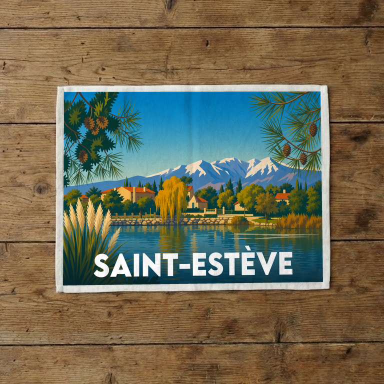 Torchon souvenir de la ville de Saint-Estève avec une illustration stylisée d'un paysage de lac et de montagnes.