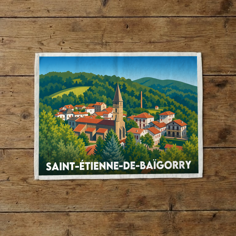 Torchon souvenir de la ville de Saint-Étienne-de-Baïgorry avec une illustration stylisée du village.