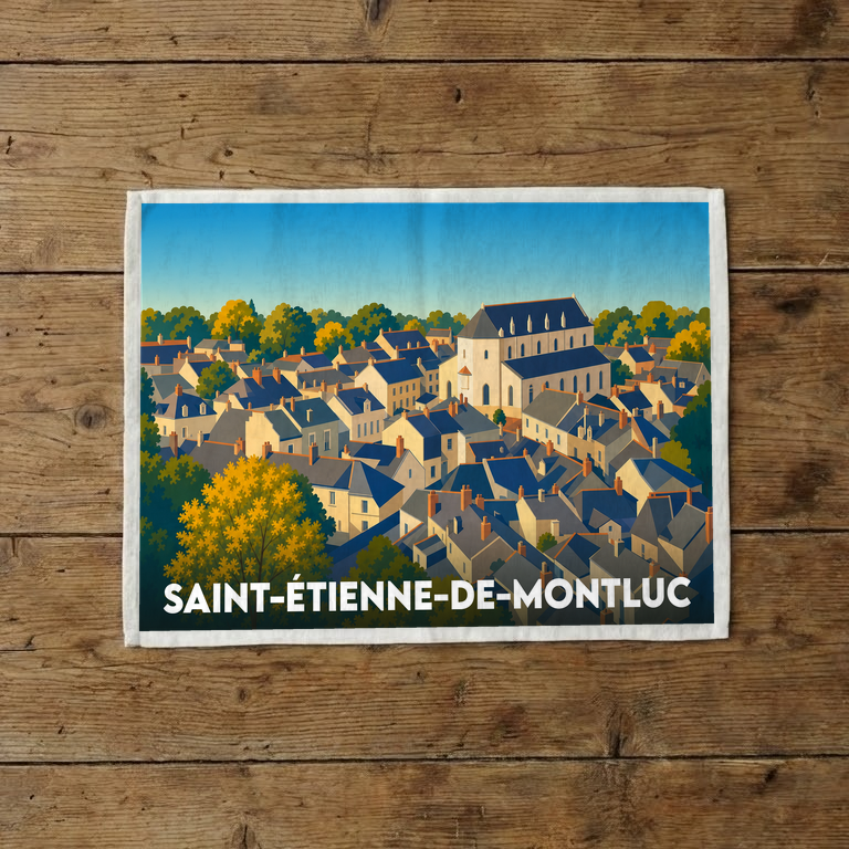 Torchon souvenir de la ville de Saint-Étienne-de-Montluc illustrant son église et ses toits colorés dans un style graphique.