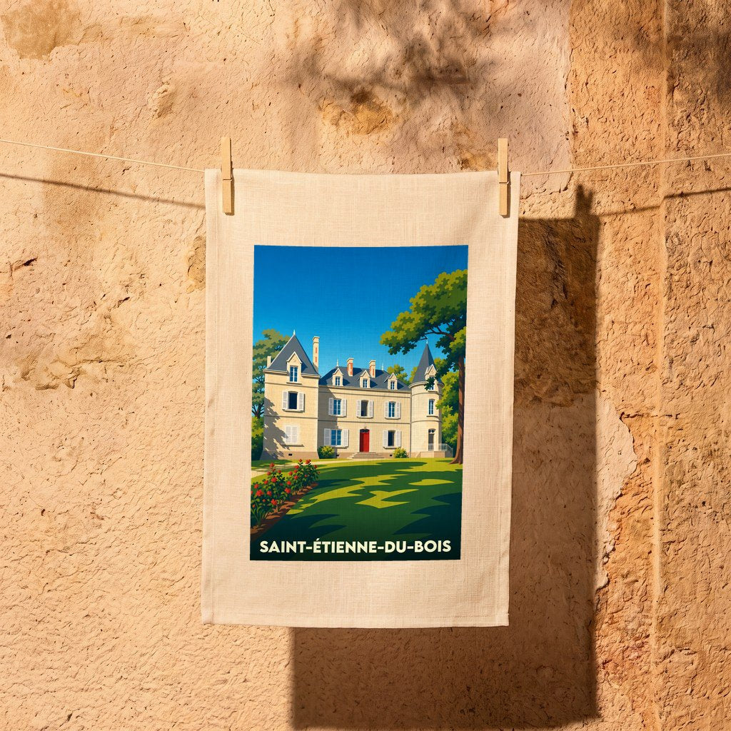 Torchon souvenir de la ville de Saint-Étienne-du-Bois avec une illustration stylisée d'un château.