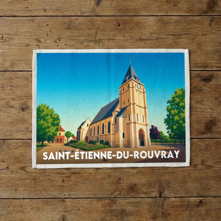 Torchon souvenir de la ville de Saint-Étienne-du-Rouvray avec une illustration stylisée de son église.