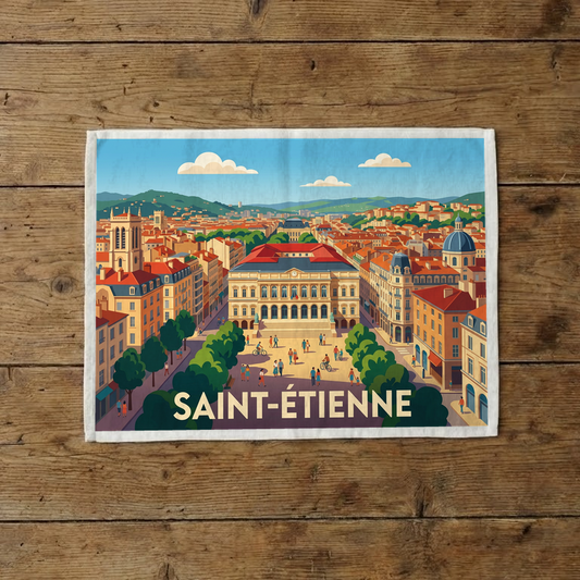 Torchon souvenir de la ville de Saint-Étienne avec une illustration stylisée.