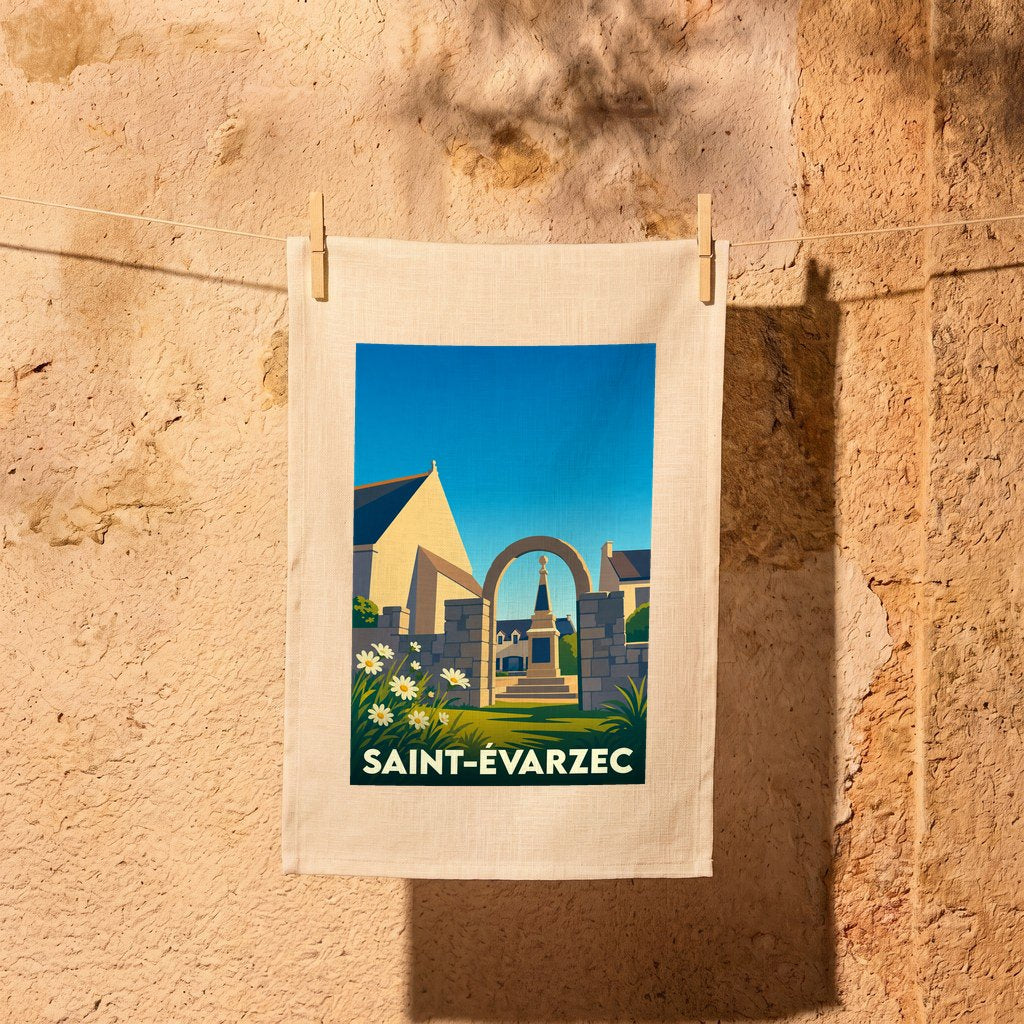 Torchon souvenir de la ville de Saint-Évarzec avec une illustration stylisée de son patrimoine.