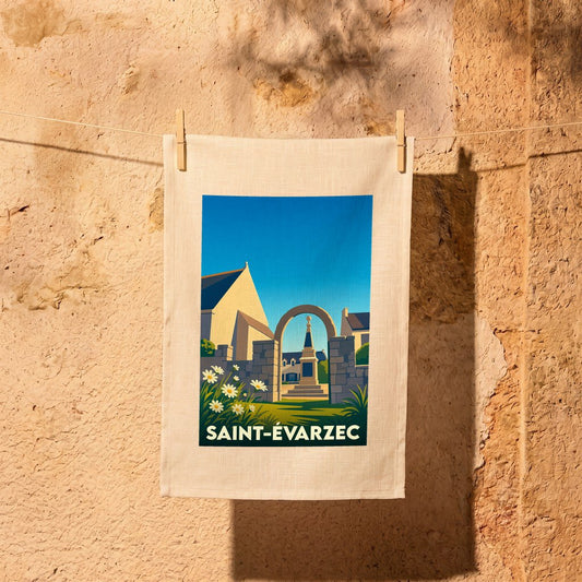 Torchon souvenir de la ville de Saint-Évarzec avec une illustration stylisée de son patrimoine.