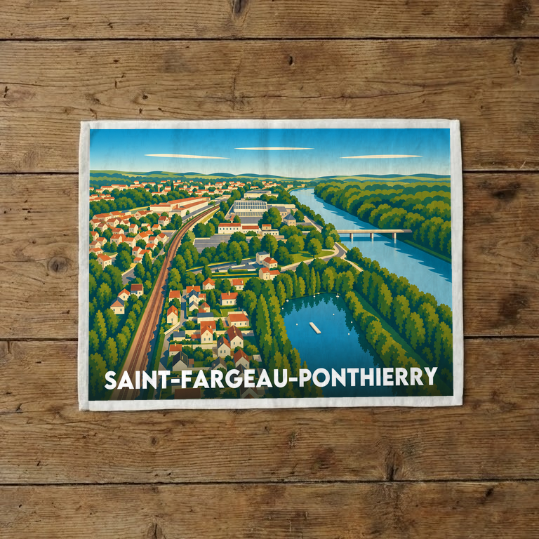 Torchon souvenir de la ville de Saint-Fargeau-Ponthierry avec une illustration stylisée du paysage.