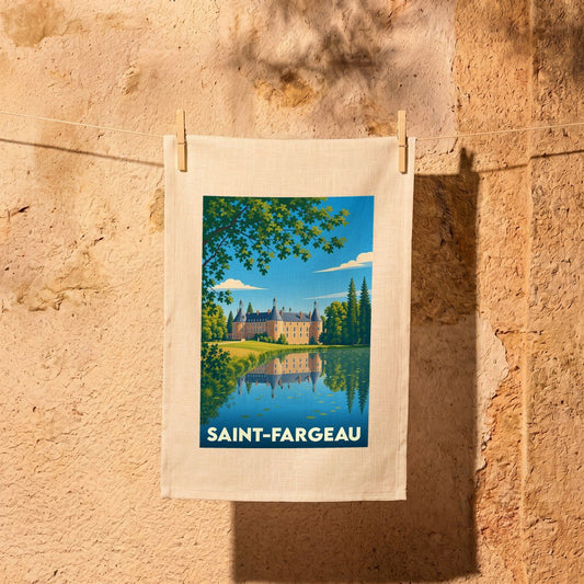 Torchon souvenir de la ville de Saint-Fargeau avec une illustration stylisée de son château.
