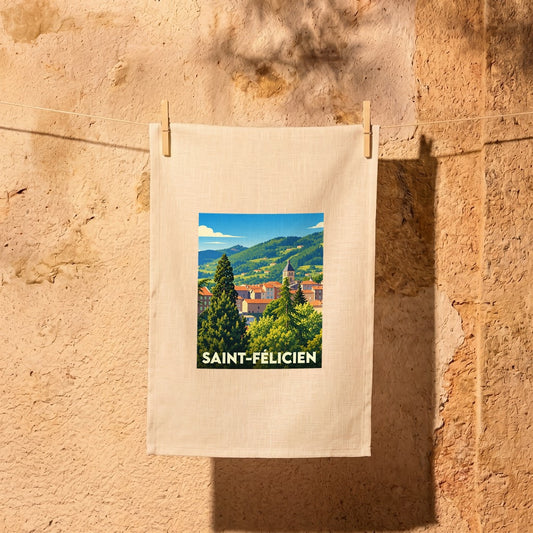 Torchon souvenir de la ville de Saint-Félicien avec une illustration stylisée de ses collines et habitations.