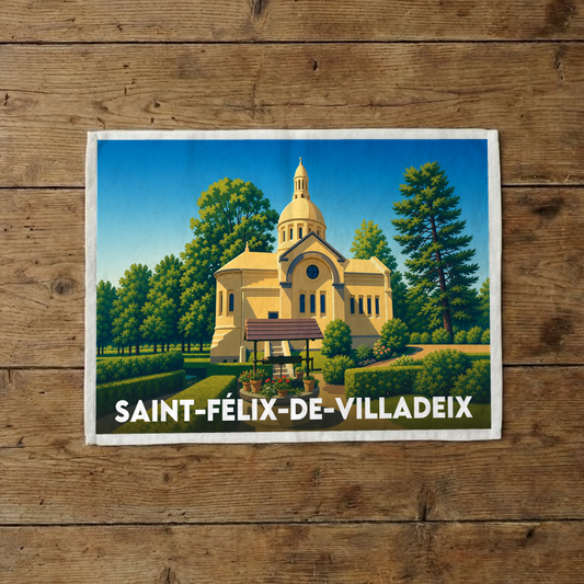 Torchon souvenir de la ville de Saint-Félix-de-Villadeix avec une illustration graphique stylisée.
