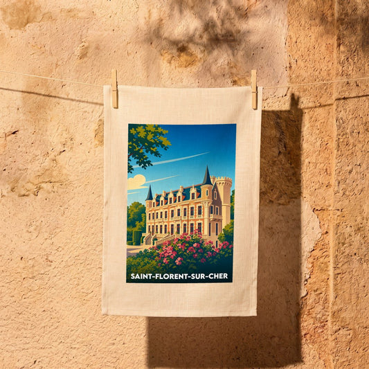 Torchon souvenir de la ville de Saint-Florent-sur-Cher avec une illustration stylisée de son château.