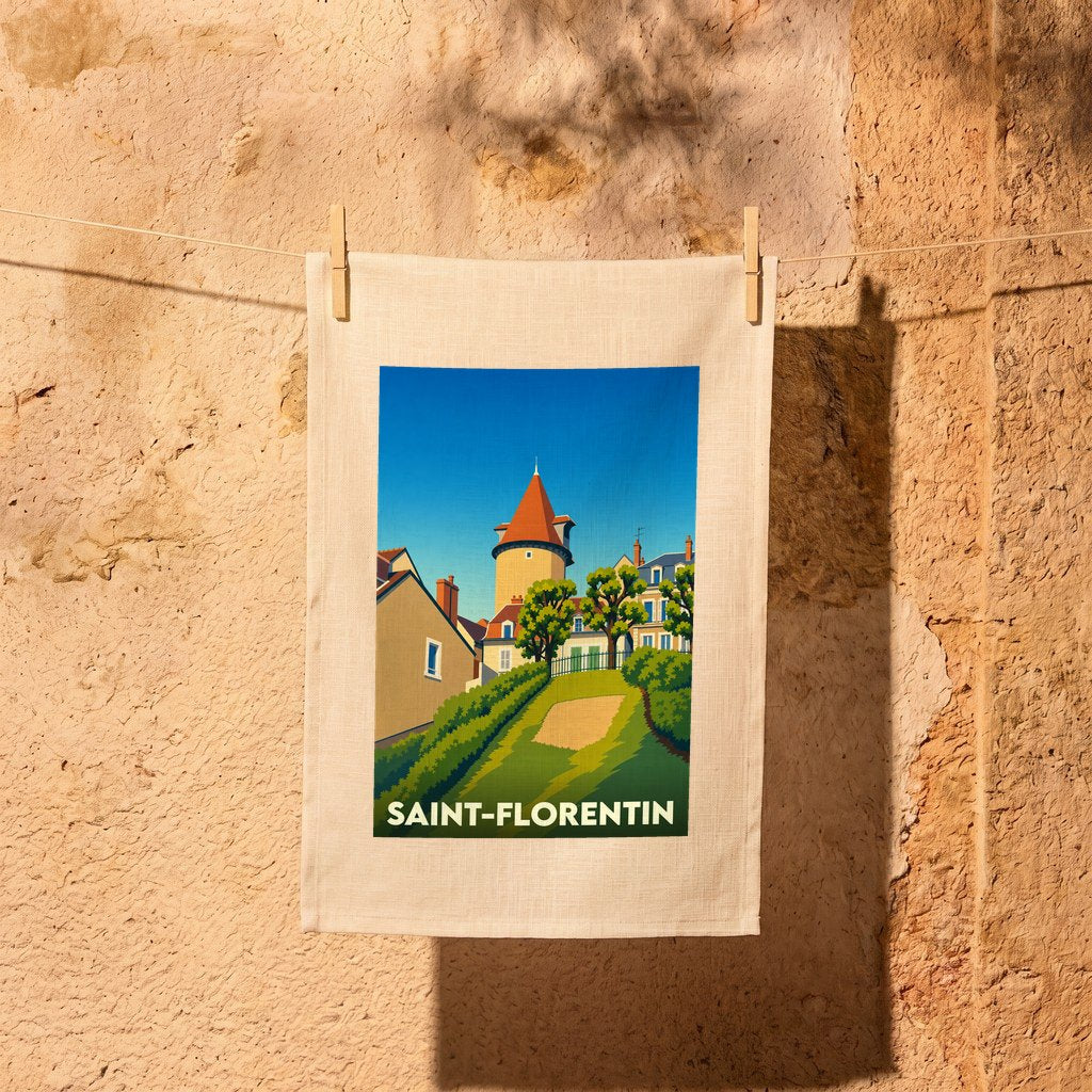 Torchon souvenir de la ville de Saint-Florentin avec une illustration stylisée et colorée.