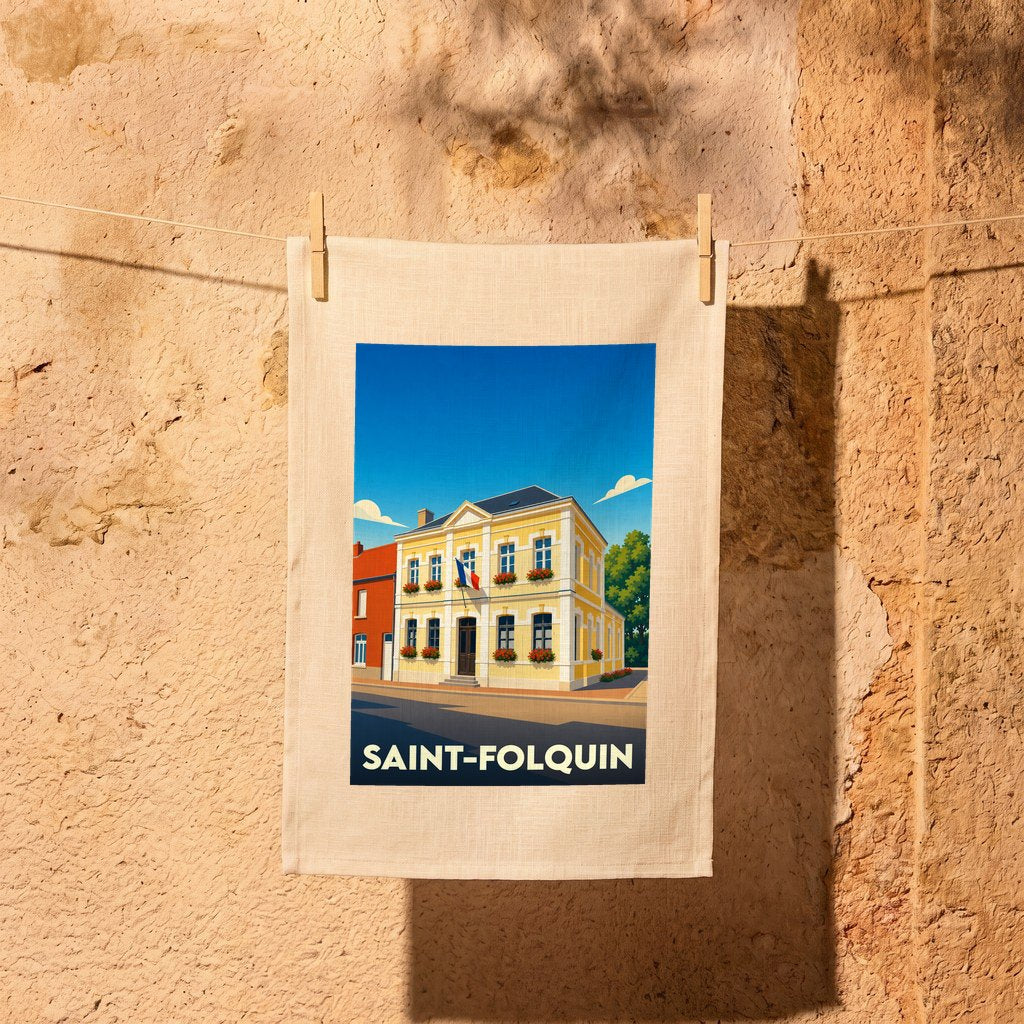 Torchon souvenir de la ville de Saint-Folquin avec une illustration stylisée de son hôtel de ville.