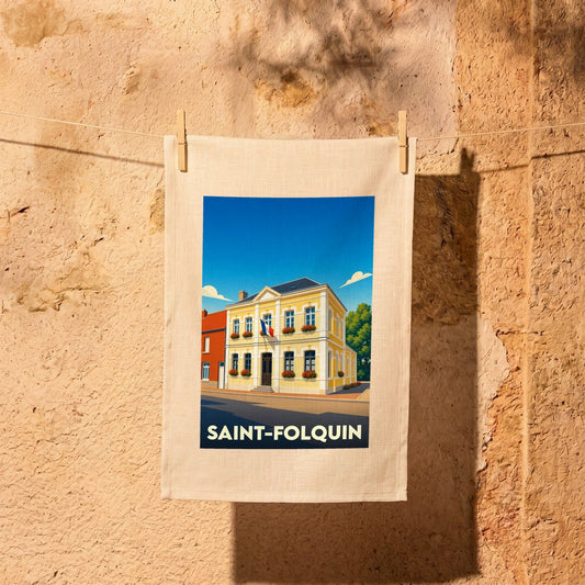 Torchon souvenir de la ville de Saint-Folquin avec une illustration stylisée de son hôtel de ville.