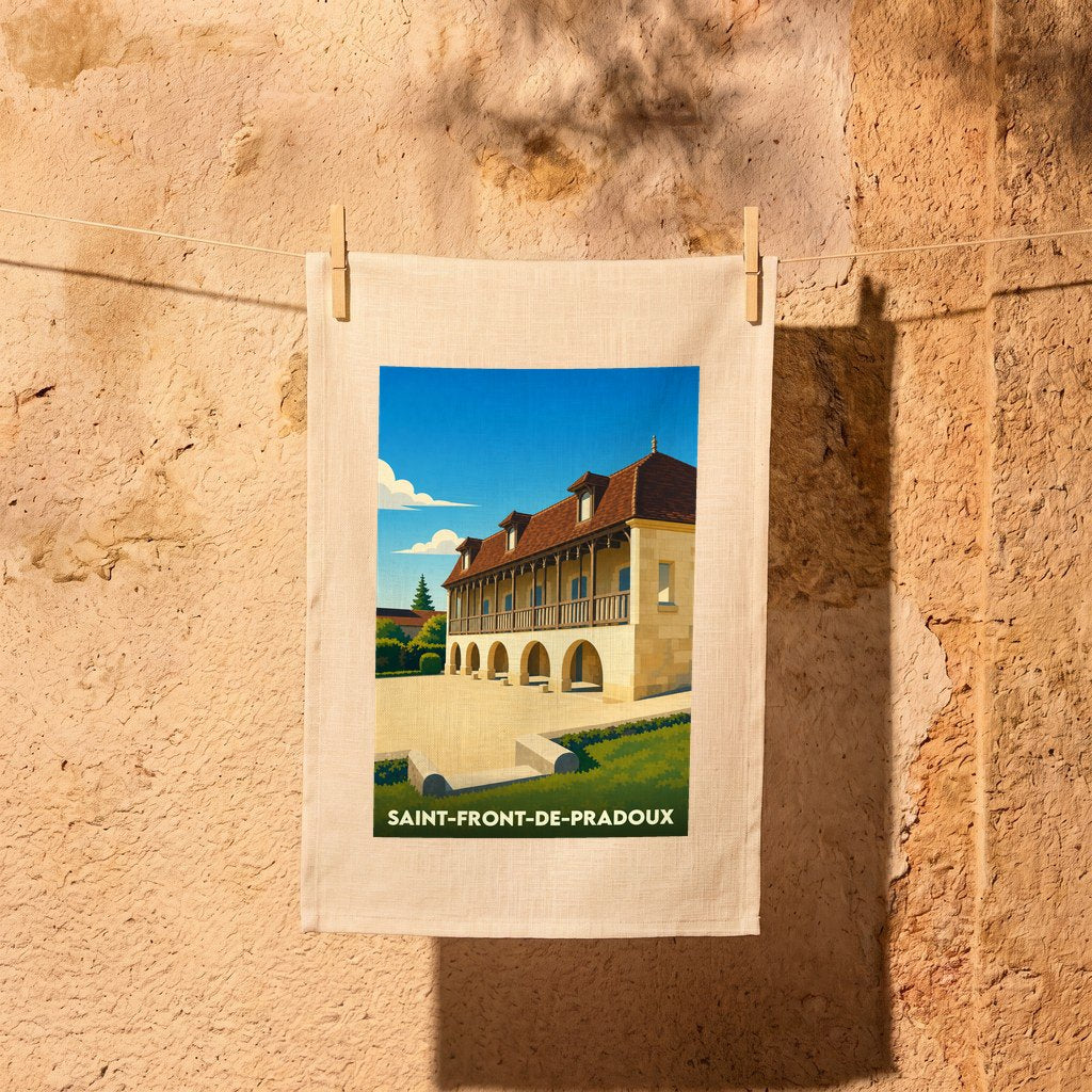 Torchon souvenir de la ville de Saint-Front-de-Pradoux avec une illustration stylisée.