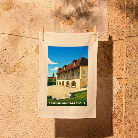 Torchon souvenir de la ville de Saint-Front-de-Pradoux avec une illustration stylisée.