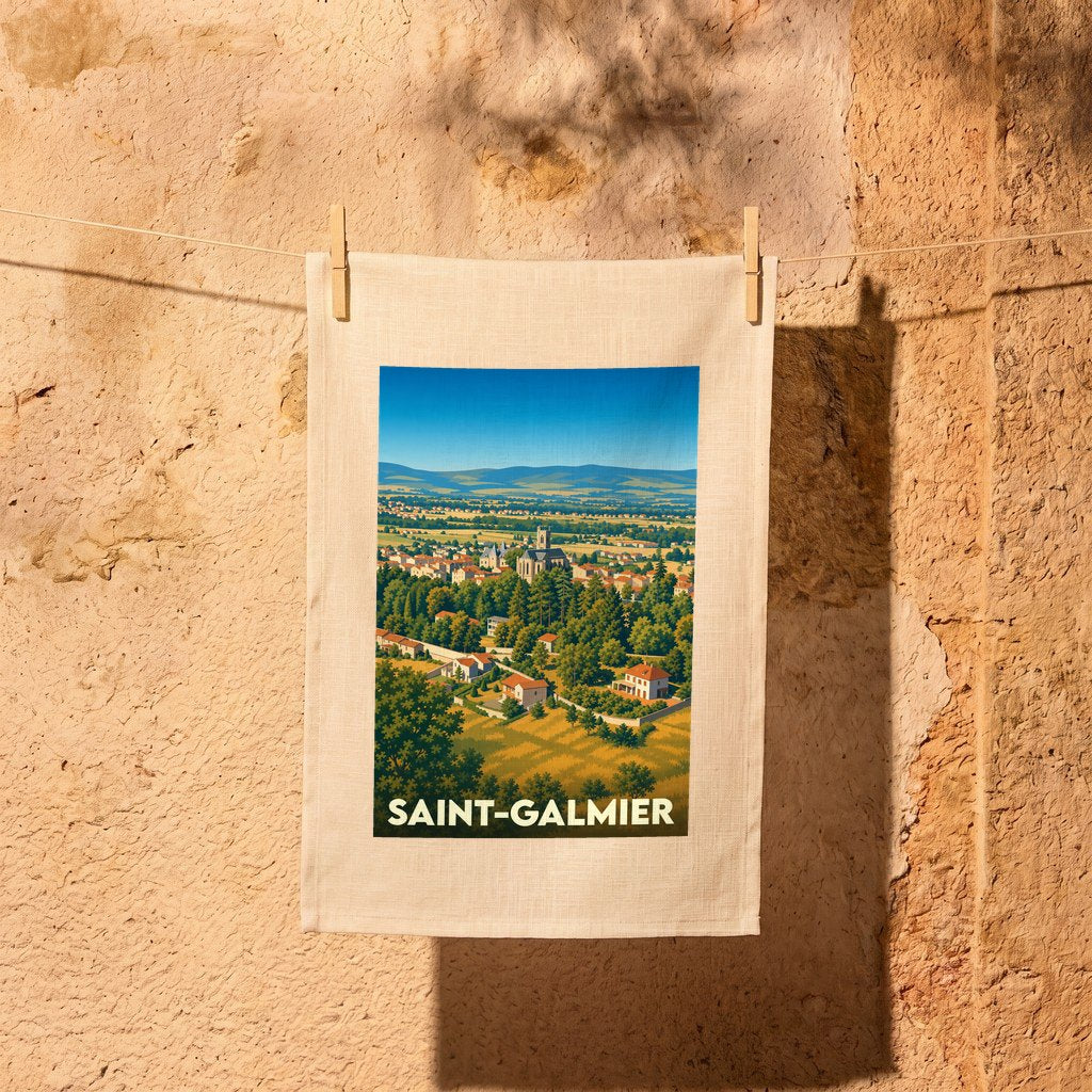 Torchon souvenir de la ville de Saint-Galmier illustré d'une vue panoramique stylisée.