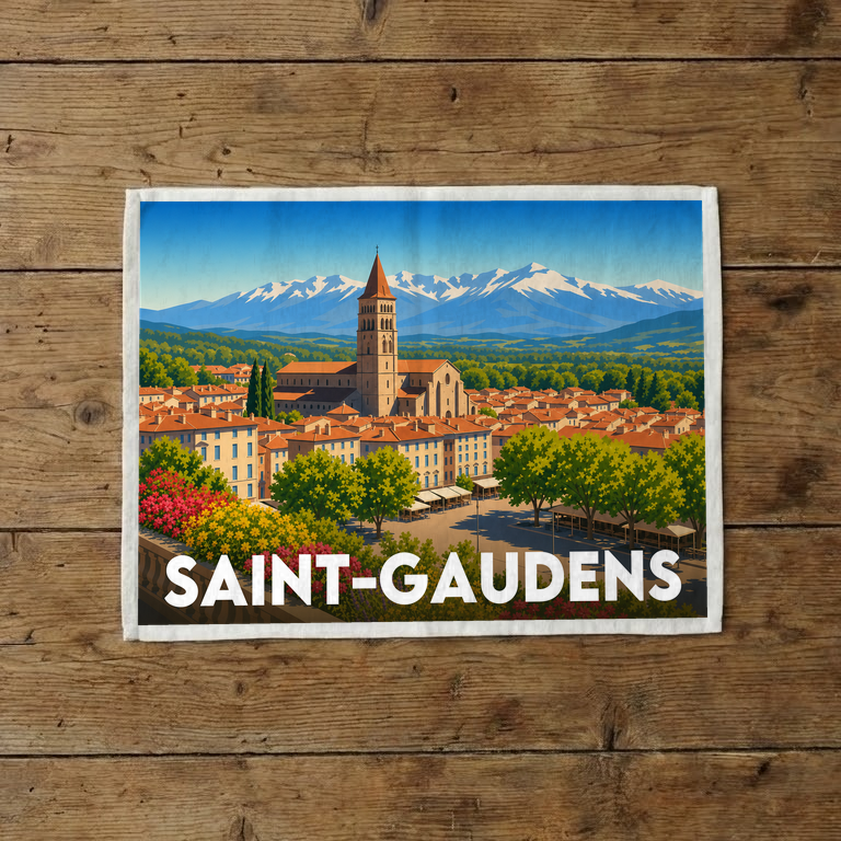 Torchon souvenir de la ville de Saint-Gaudens avec une illustration stylisée du paysage.