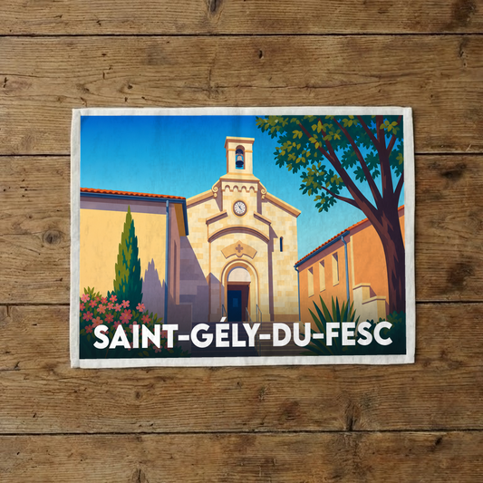Torchon souvenir de la ville de Saint-Gély-du-Fesc orné d'une illustration stylisée de son église.