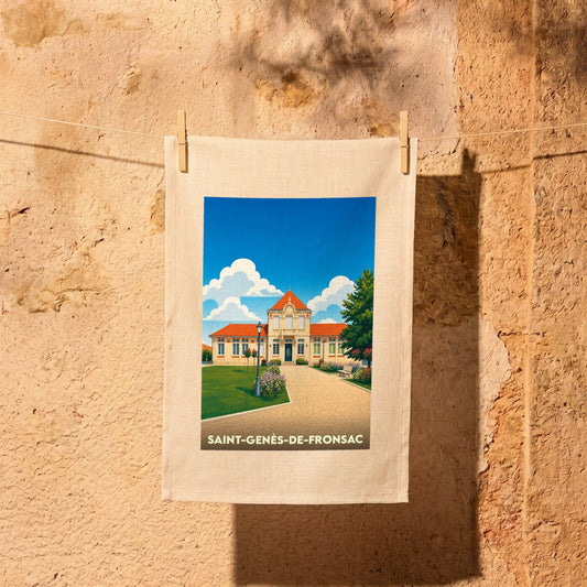 Torchon souvenir de la ville de Saint-Genès-de-Fronsac illustré par une affiche de style rétro.