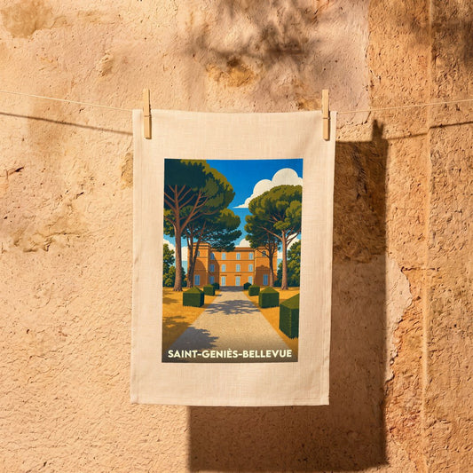 Torchon souvenir de la ville de Saint-Geniès-Bellevue avec une illustration stylisée de son château.