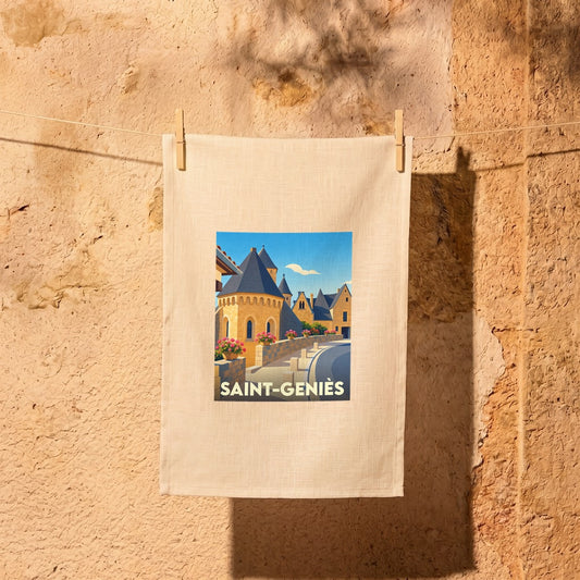 Torchon souvenir de la ville de Saint-Geniès avec une illustration stylisée.