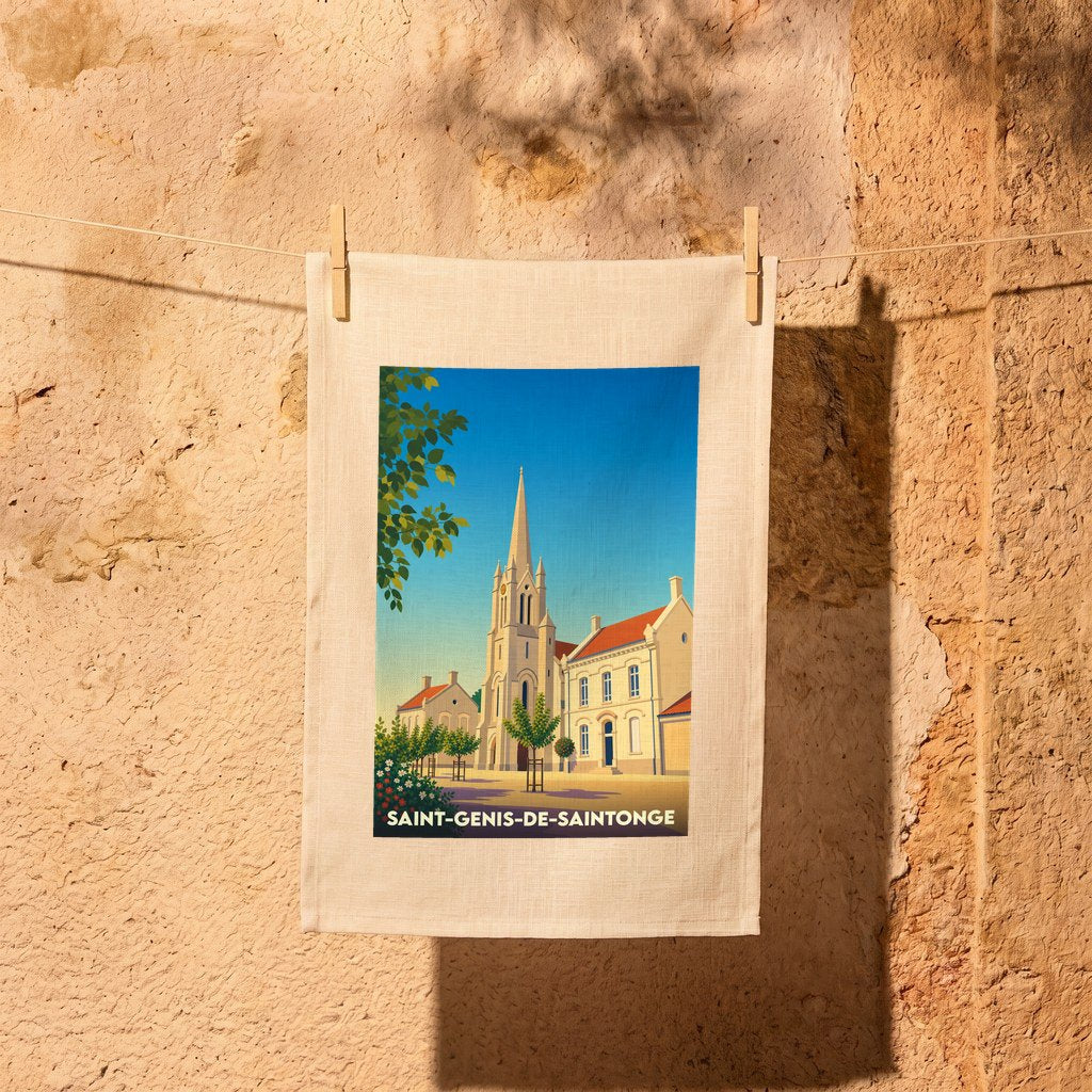 Torchon souvenir de la ville de Saint-Genis-de-Saintonge avec une illustration stylisée de son église.