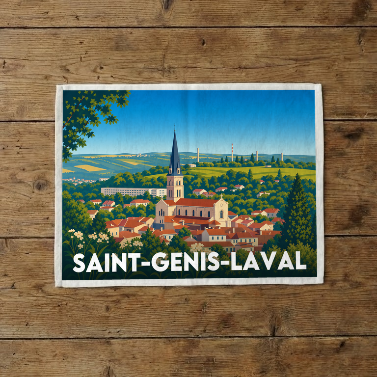 Torchon souvenir de la ville de Saint-Genis-Laval avec une illustration paysagère stylisée.