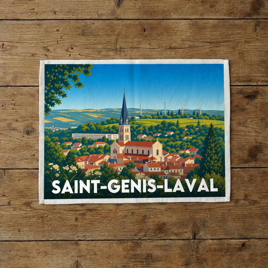 Torchon souvenir de la ville de Saint-Genis-Laval avec une illustration paysagère stylisée.