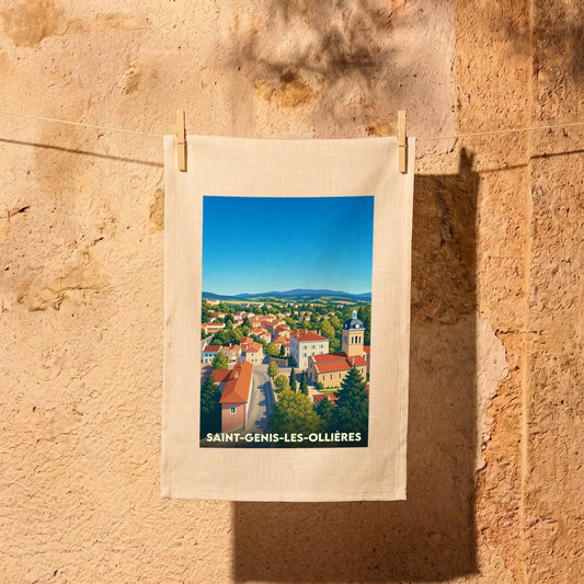 Torchon souvenir de la ville de Saint-Genis-les-Ollières avec une illustration stylisée.
