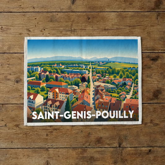 Torchon souvenir de la ville de Saint-Genis-Pouilly avec une illustration panoramique stylisée.