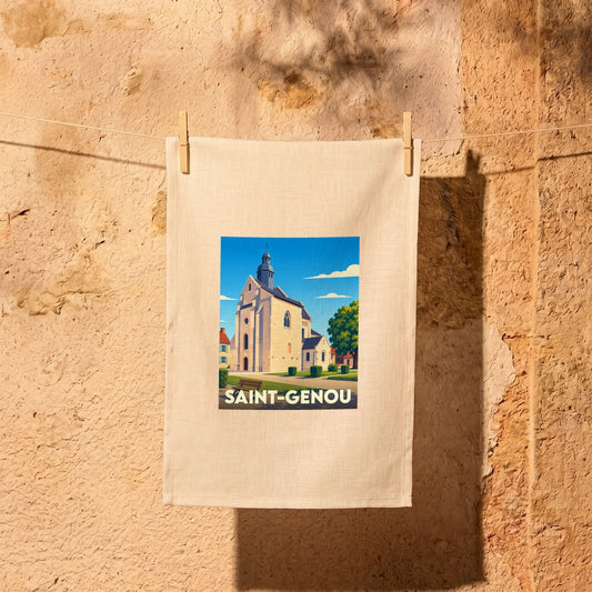Torchon souvenir de la ville de Saint-Genou avec une illustration stylisée de son église.