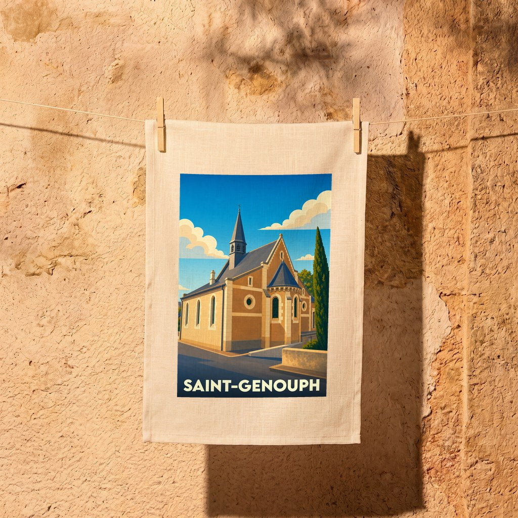Torchon souvenir de la ville de Saint-Genouph avec une illustration stylisée de son église.