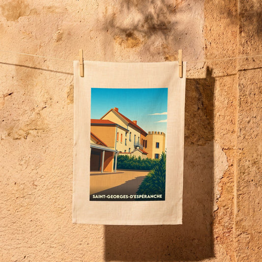 Torchon souvenir de la ville de Saint-Georges-d'Espéranche avec une illustration stylisée.