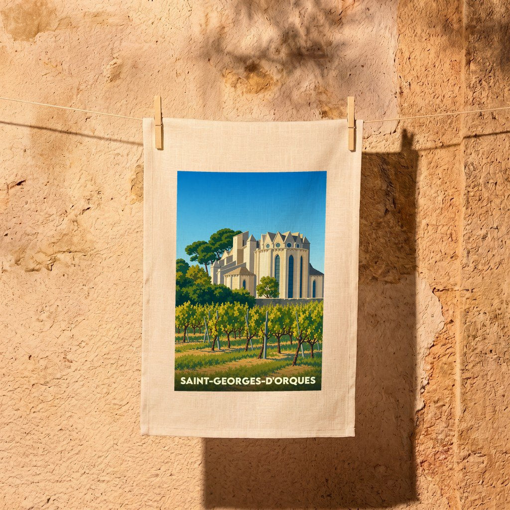 Torchon souvenir de Saint-Georges-d'Orques illustré d'un vignoble et d'une église sous un ciel bleu.