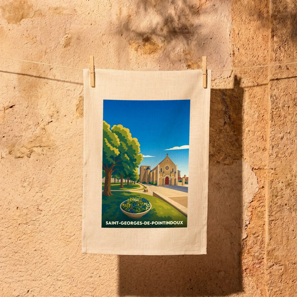 Torchon souvenir de la ville de Saint-Georges-de-Pointindoux avec une illustration stylisée de son église.