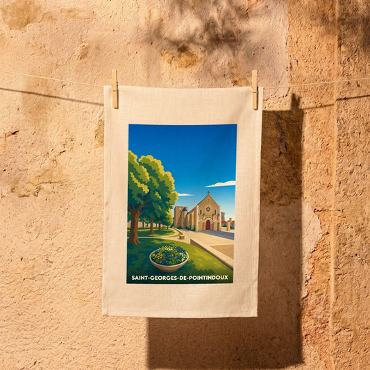 Torchon souvenir de la ville de Saint-Georges-de-Pointindoux avec une illustration stylisée de son église.