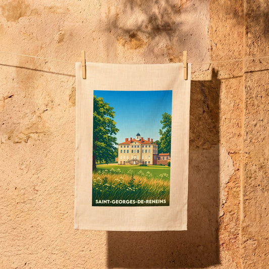 Torchon souvenir de la ville de Saint-Georges-de-Reneins avec une illustration stylisée d'un château.