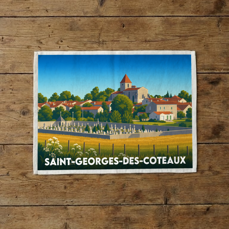 Torchon souvenir de la ville de Saint-Georges-des-Coteaux avec une illustration stylisée du village et de son église.