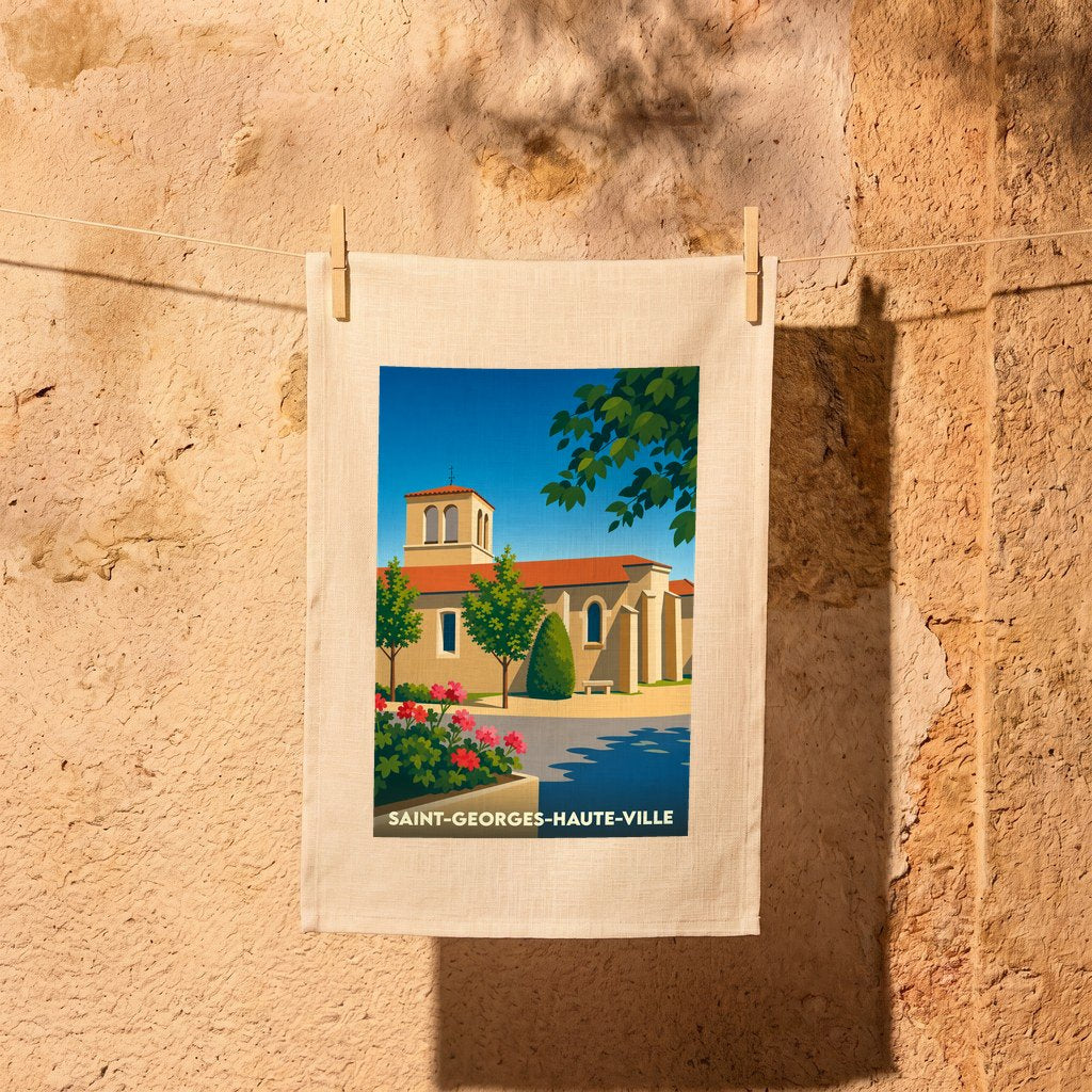 Torchon souvenir de la ville de Saint-Georges-Haute-Ville avec une illustration stylisée de son église.