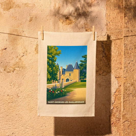 Torchon souvenir de la ville de Saint-Georges-lès-Baillargeaux avec une illustration stylisée de son château.
